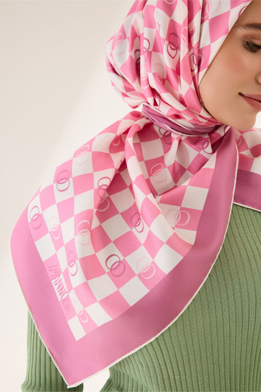 Checkerboard Logo Pink Twill Silk Scarf - 3