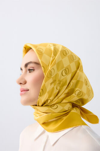 Checkerboard Logo Yellow Twill Silk Scarf 