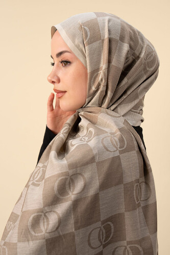 Checkerboard Pattern Beige Cotton Silk Shawl 