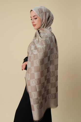 Checkerboard Pattern Beige Cotton Silk Shawl - 5