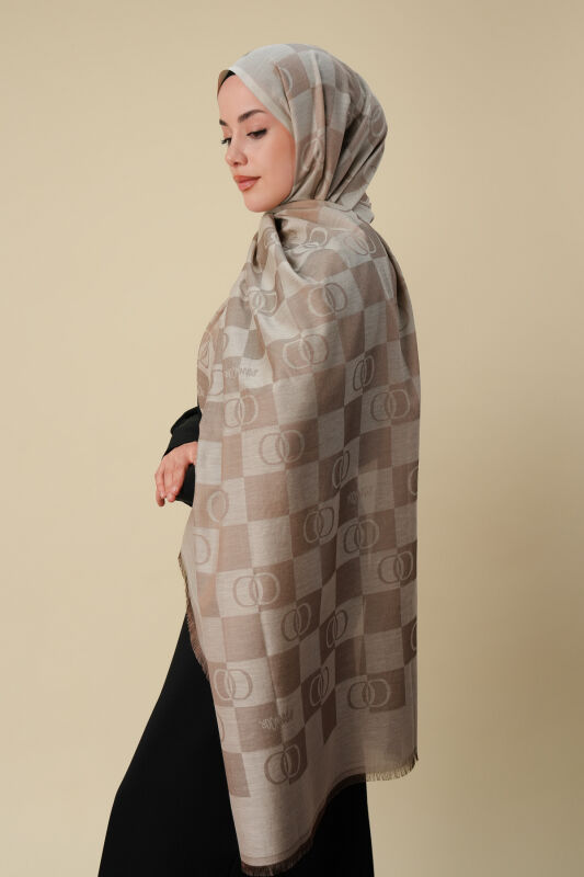 Checkerboard Pattern Beige Cotton Silk Shawl - 5