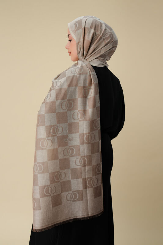 Checkerboard Pattern Beige Cotton Silk Shawl - 6