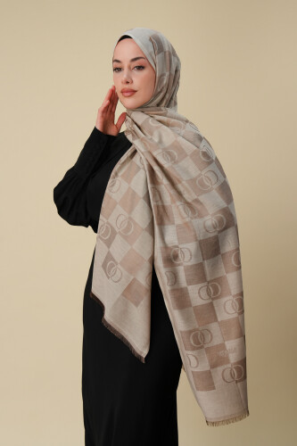 Checkerboard Pattern Beige Cotton Silk Shawl - 3
