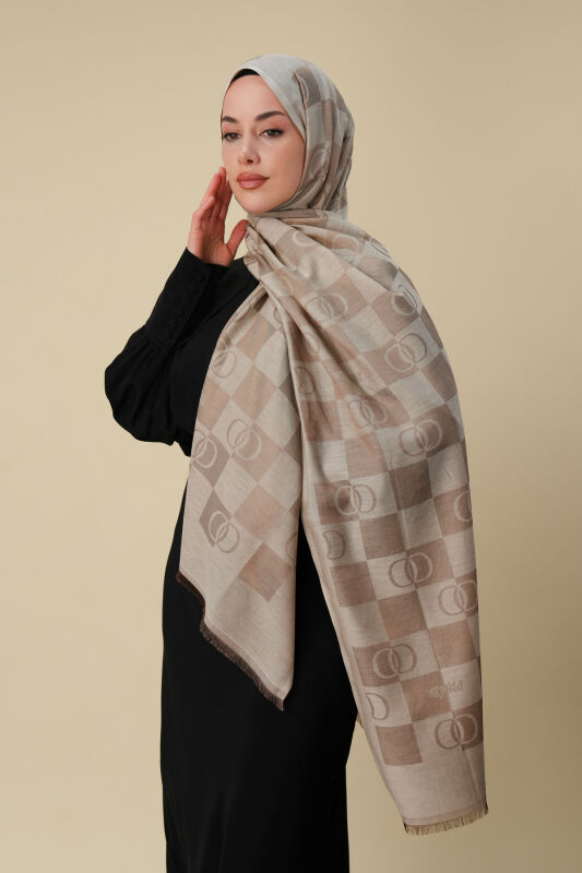 Checkerboard Pattern Beige Cotton Silk Shawl - 3
