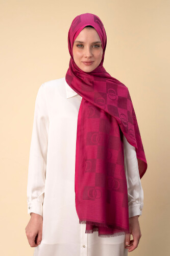 Checkerboard Pattern Fuchsia Cotton Silk Shawl - 1