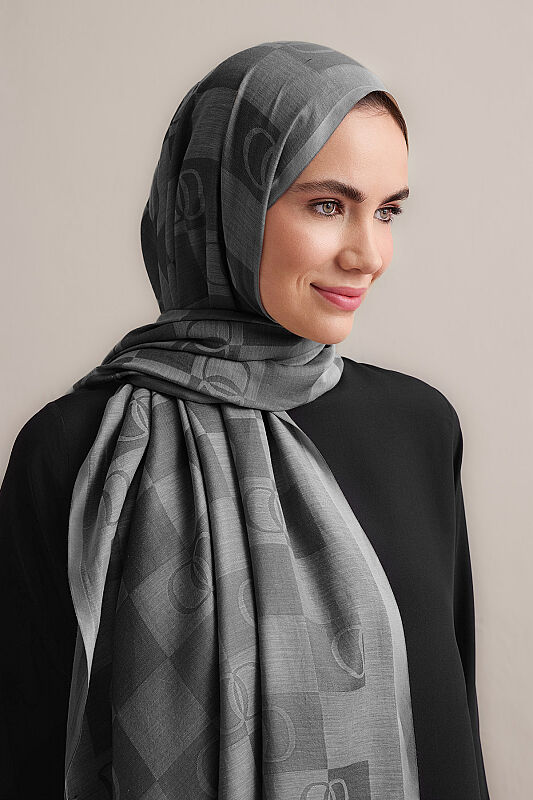 Checkerboard Pattern Grey Cotton Silk Scarf - 1