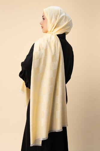 Checkerboard Pattern Lemon Yellow Cotton Silk Shawl 