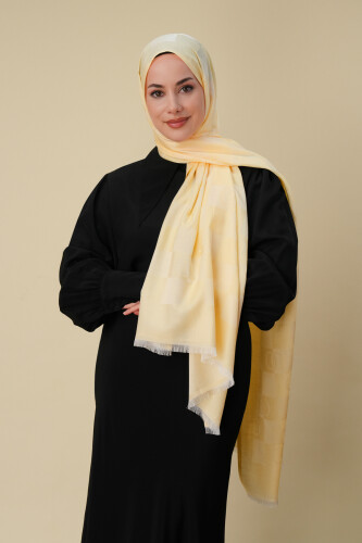 Checkerboard Pattern Lemon Yellow Cotton Silk Shawl 