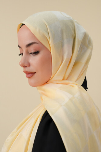 Checkerboard Pattern Lemon Yellow Cotton Silk Shawl - 3