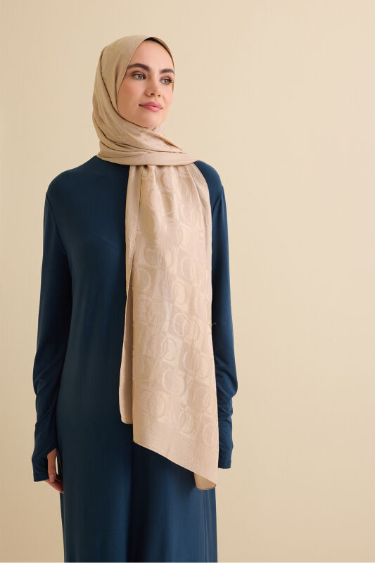 Checkerboard Pattern Naia Cotton Shawl Antic Beige - 3