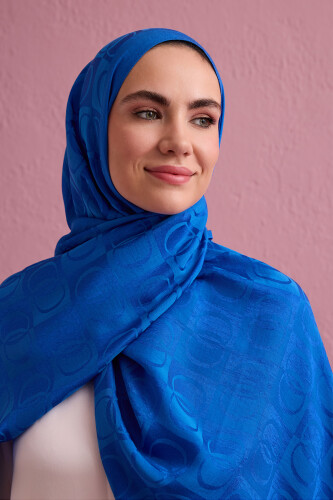 Checkerboard Pattern Naia Cotton Shawl Blue - 3