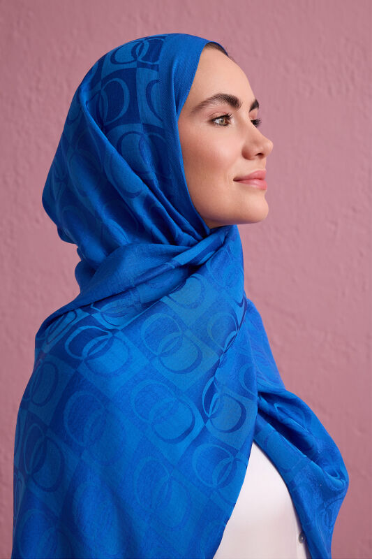 Checkerboard Pattern Naia Cotton Shawl Blue - 5