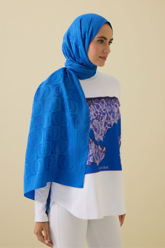 Checkerboard Pattern Naia Cotton Shawl Blue - 3
