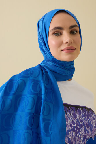 Checkerboard Pattern Naia Cotton Shawl Blue 