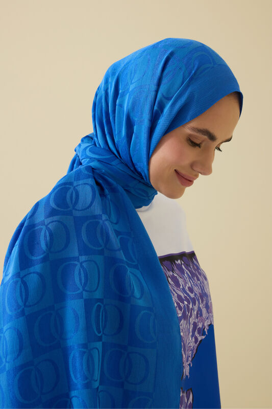 Checkerboard Pattern Naia Cotton Shawl Blue - 4