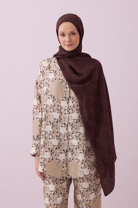 Checkerboard Pattern Naia Cotton Shawl Brown - 3