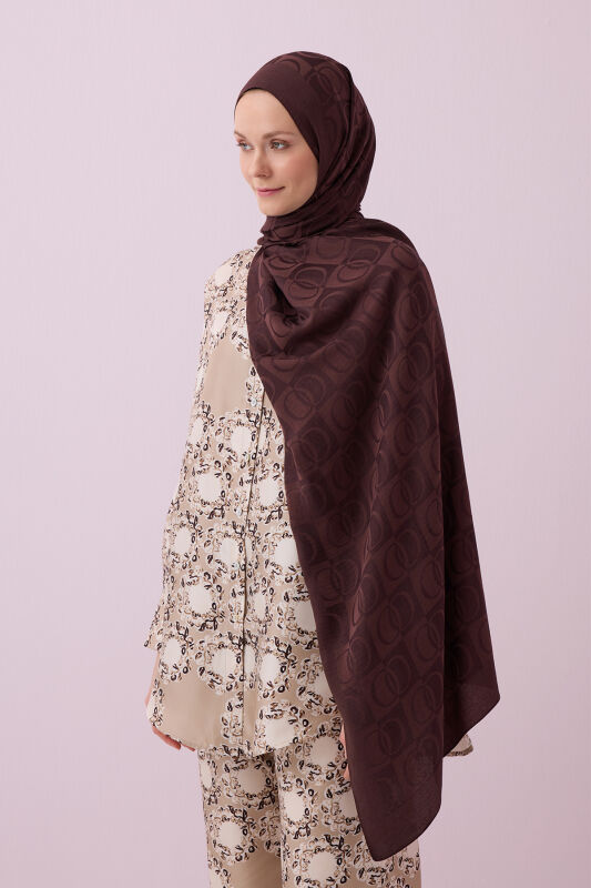 Checkerboard Pattern Naia Cotton Shawl Brown - 5