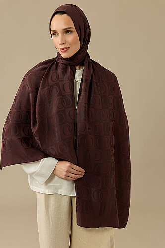 Checkerboard Pattern Naia Cotton Shawl Brown 