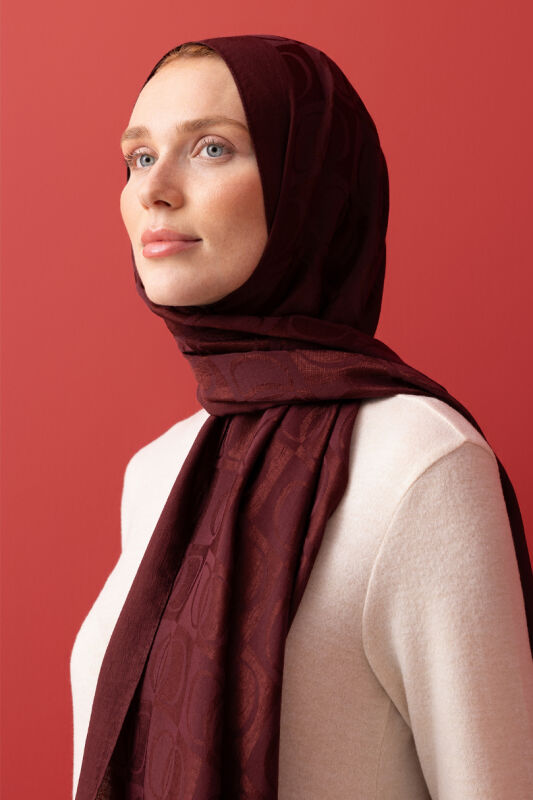 Checkerboard Pattern Naia Cotton Shawl Burgundy - 3