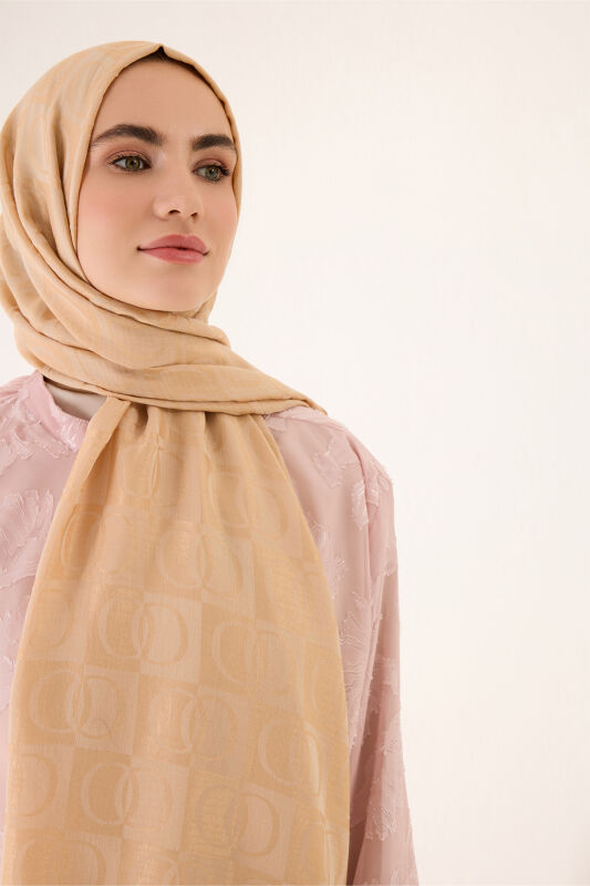 Checkerboard Pattern Naia Cotton Shawl Camel - 3