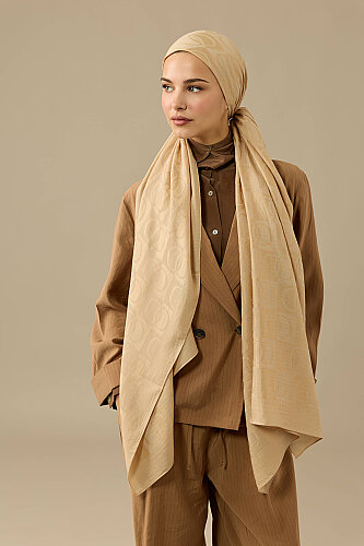 Checkerboard Pattern Naia Cotton Shawl Camel 