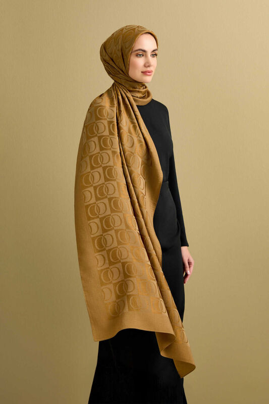 Checkerboard Pattern Naia Cotton Shawl Khaki - 3