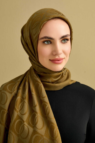 Checkerboard Pattern Naia Cotton Shawl Khaki 