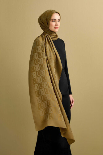 Checkerboard Pattern Naia Cotton Shawl Khaki - 3