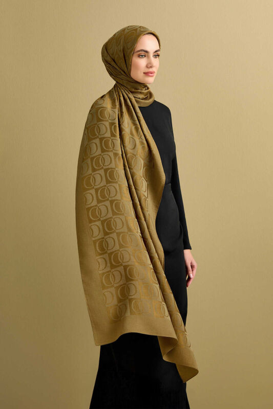 Checkerboard Pattern Naia Cotton Shawl Khaki - 3