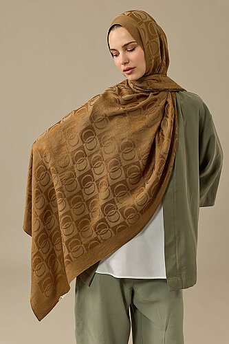 Checkerboard Pattern Naia Cotton Shawl Khaki - Imannoor