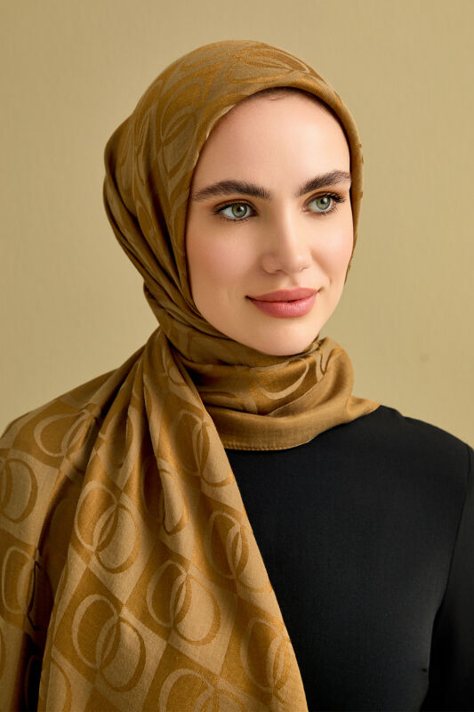 Checkerboard Pattern Naia Cotton Shawl Khaki - 1