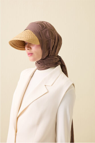 Checkerboard Pattern Naia Cotton Shawl Light Brown - 4