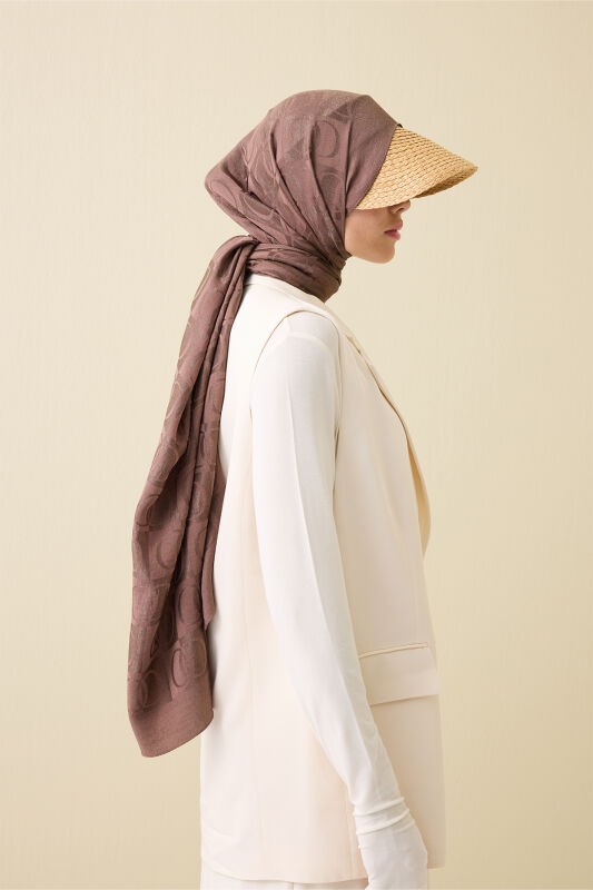 Checkerboard Pattern Naia Cotton Shawl Light Brown - 5