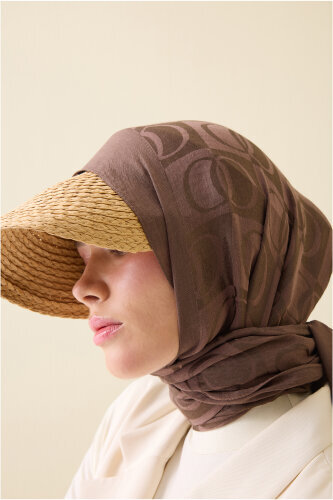 Checkerboard Pattern Naia Cotton Shawl Light Brown 
