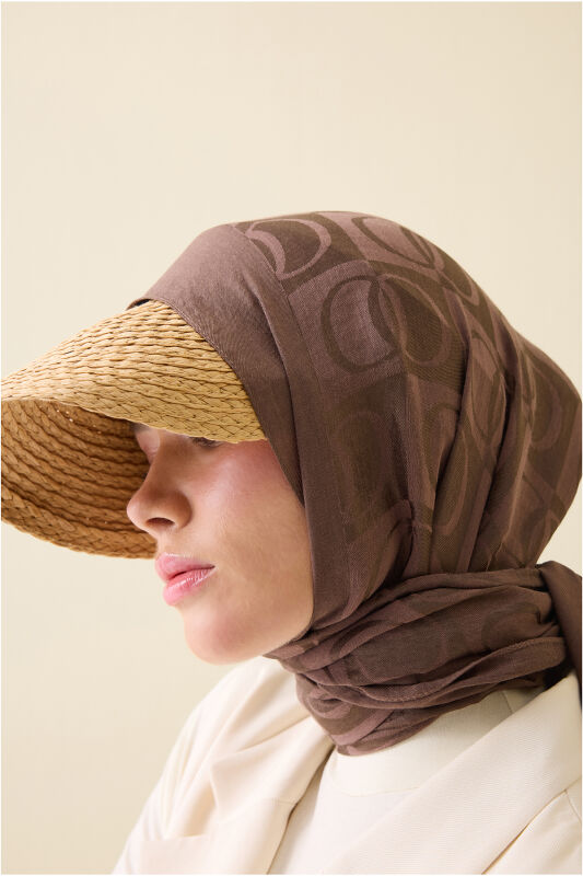Checkerboard Pattern Naia Cotton Shawl Light Brown - 1