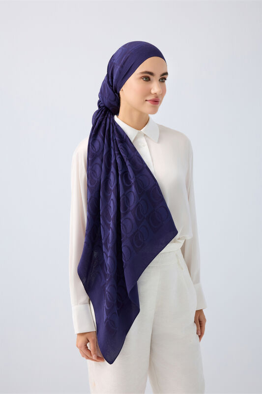 Checkerboard Pattern Naia Cotton Shawl Navy - 5