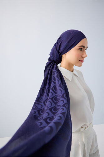 Checkerboard Pattern Naia Cotton Shawl Navy 