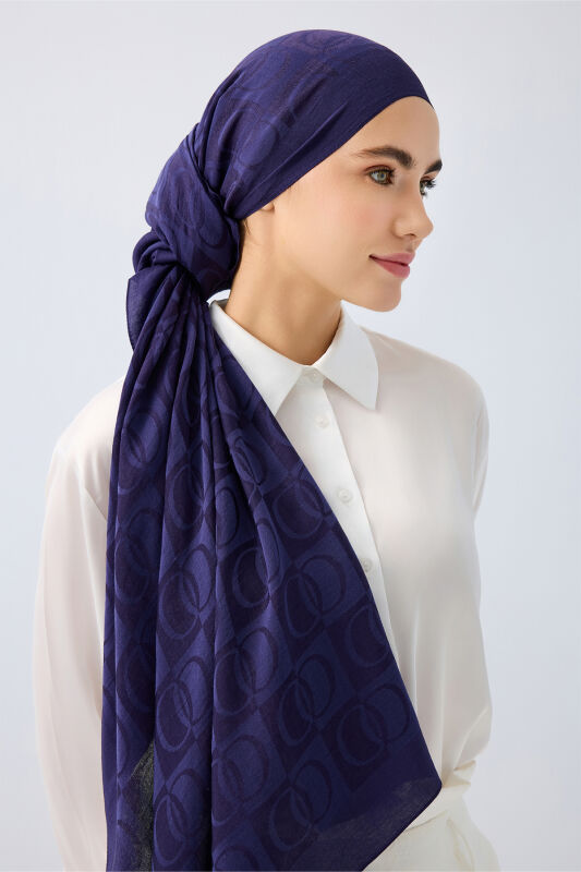 Checkerboard Pattern Naia Cotton Shawl Navy - 3