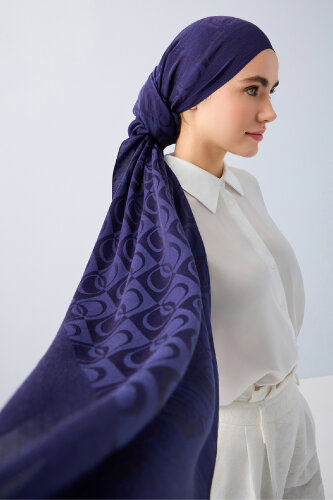 Checkerboard Pattern Naia Cotton Shawl Navy 