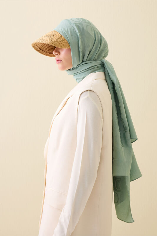 Checkerboard Pattern Naia Cotton Shawl Nile Green - 1