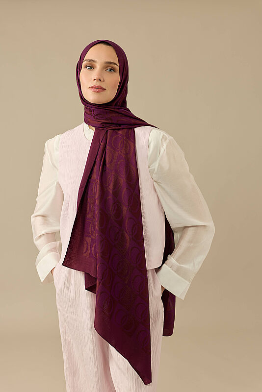 Checkerboard Pattern Naia Cotton Shawl Plum - 5