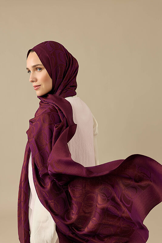 Checkerboard Pattern Naia Cotton Shawl Plum - 1