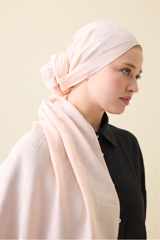 Checkerboard Pattern Naia Cotton Shawl Salmon - 1