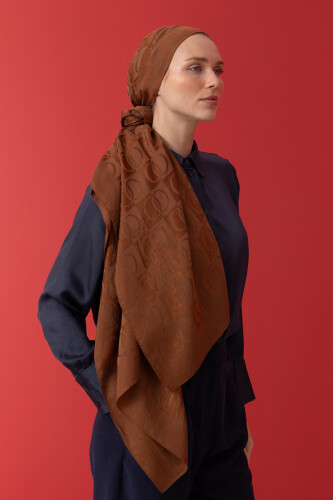 Checkerboard Pattern Naia Cotton Shawl Tan - 5