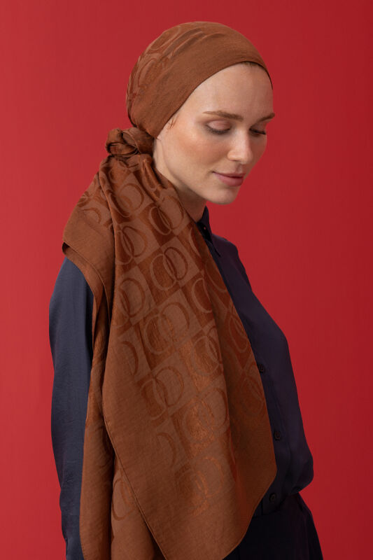 Checkerboard Pattern Naia Cotton Shawl Tan - 1