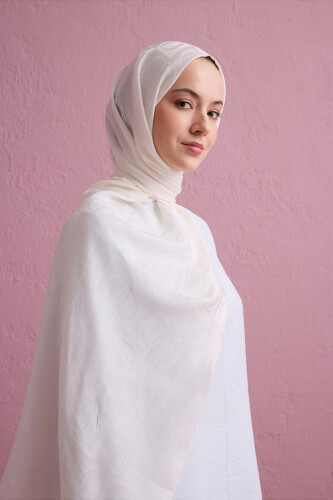 Checkerboard Pattern Naia Cotton Shawl White - 3