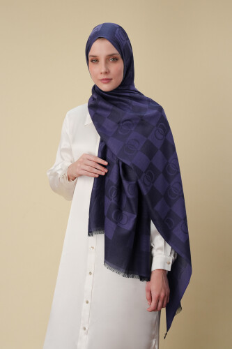 Checkerboard Pattern Purple Cotton Silk Shawl - 3