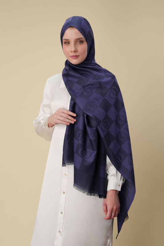 Checkerboard Pattern Purple Cotton Silk Shawl - 3