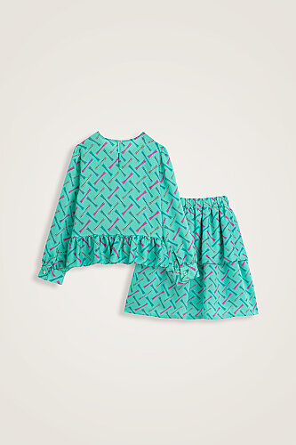 Children's Polka Dot Logo Turquoise Balloon Blouse and Skirt Set - 3
