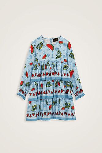 Children's Watermelon Pattern Blue Ruffled Dress 